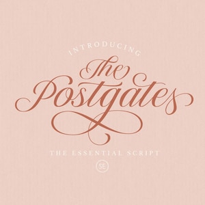 May include: A blush-colored background with the words "Introducing The Postgates" in a flowing, elegant script font. Below, the text "The Essential Script" is displayed. A small circular logo with the letters "SE" is at the bottom.
