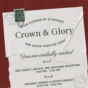 May include: An invitation for "Crown & Glory" on a red background. The invitation is white with green text and includes event details such as the time and location. A stamp and postmark are visible.