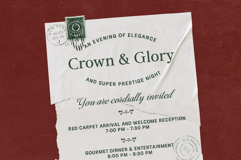 May include: An invitation for "Crown & Glory" on a red background. The invitation is white with green text and includes event details such as the time and location. A stamp and postmark are visible.
