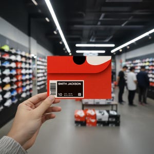 May include: A red shoe box with a black and white label that reads "SMITH JACKSON" and size "10". The box has a white swoosh design and is held in front of a shoe store.