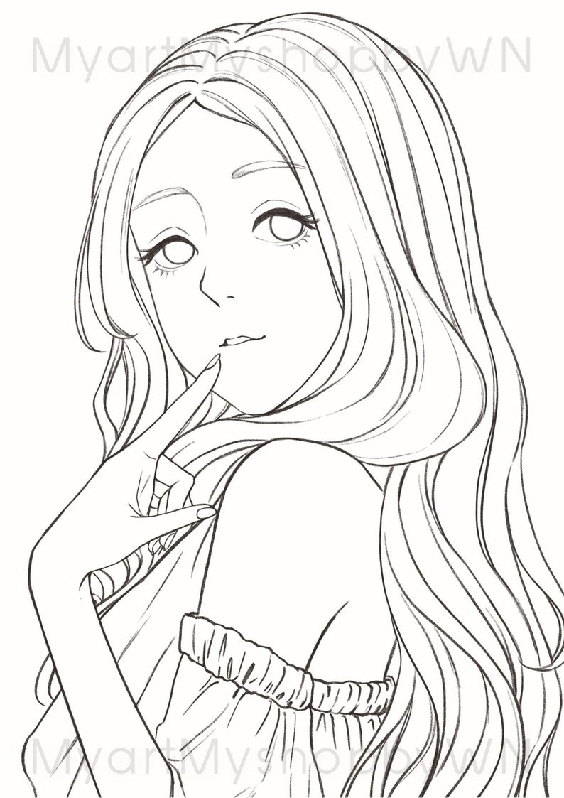 Anime Girl, Coloring Page Girl, Cute, Manga Greyscale Coloring Page