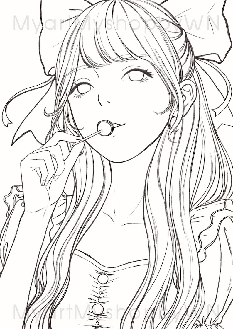 Anime Girl, Coloring Page Girl, Cute, Manga Greyscale Coloring Page