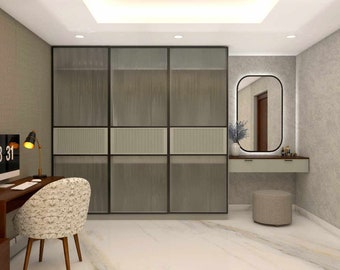 A modern full height sliding wardrobe with fluted glass shutter & dressing unit