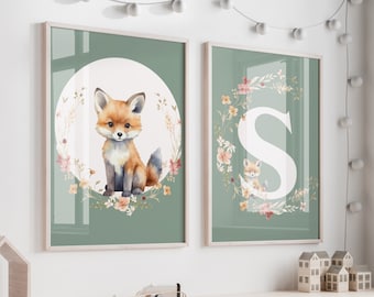 Children's room posters to personalize with your child's initial and a fox - personalized birth gift - wall decoration