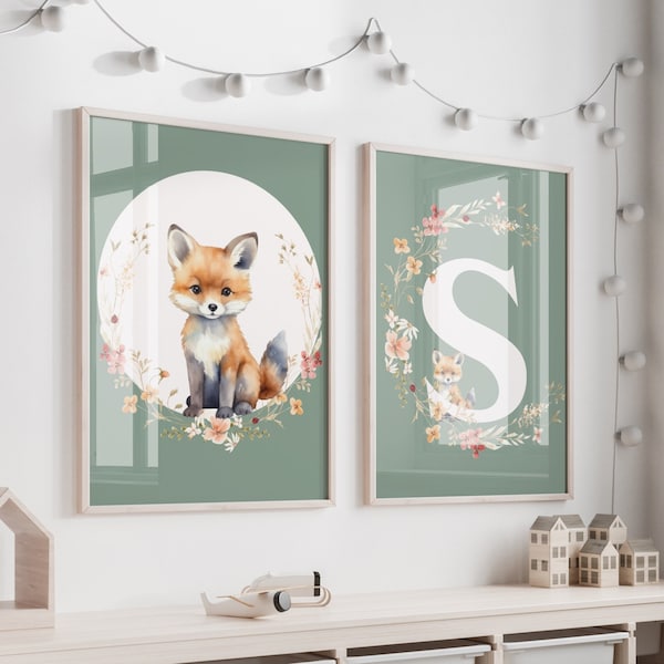 Affiches chambre d’enfant à personnaliser avec l’initiale de votre enfant et un renard - cadeau de naissance personnalisé - décoration mural