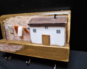 Cute, wooden house key rack, key holder for wall, cottage,  Colourful, housewarming gift, key storage, handmade, new, small