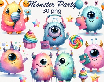 Baby Monster, Watercolor Cute Monster Clipart, Invitation, Monster Card, PNG Clipart, Instant Download, Commercial Use