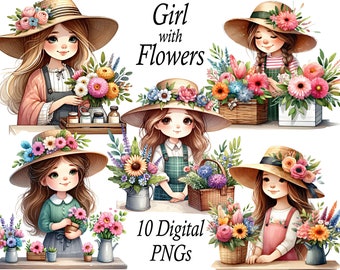 Clipart cute girl with flowers PNG, clipart bouquet of watercolor flowers, girl PNG