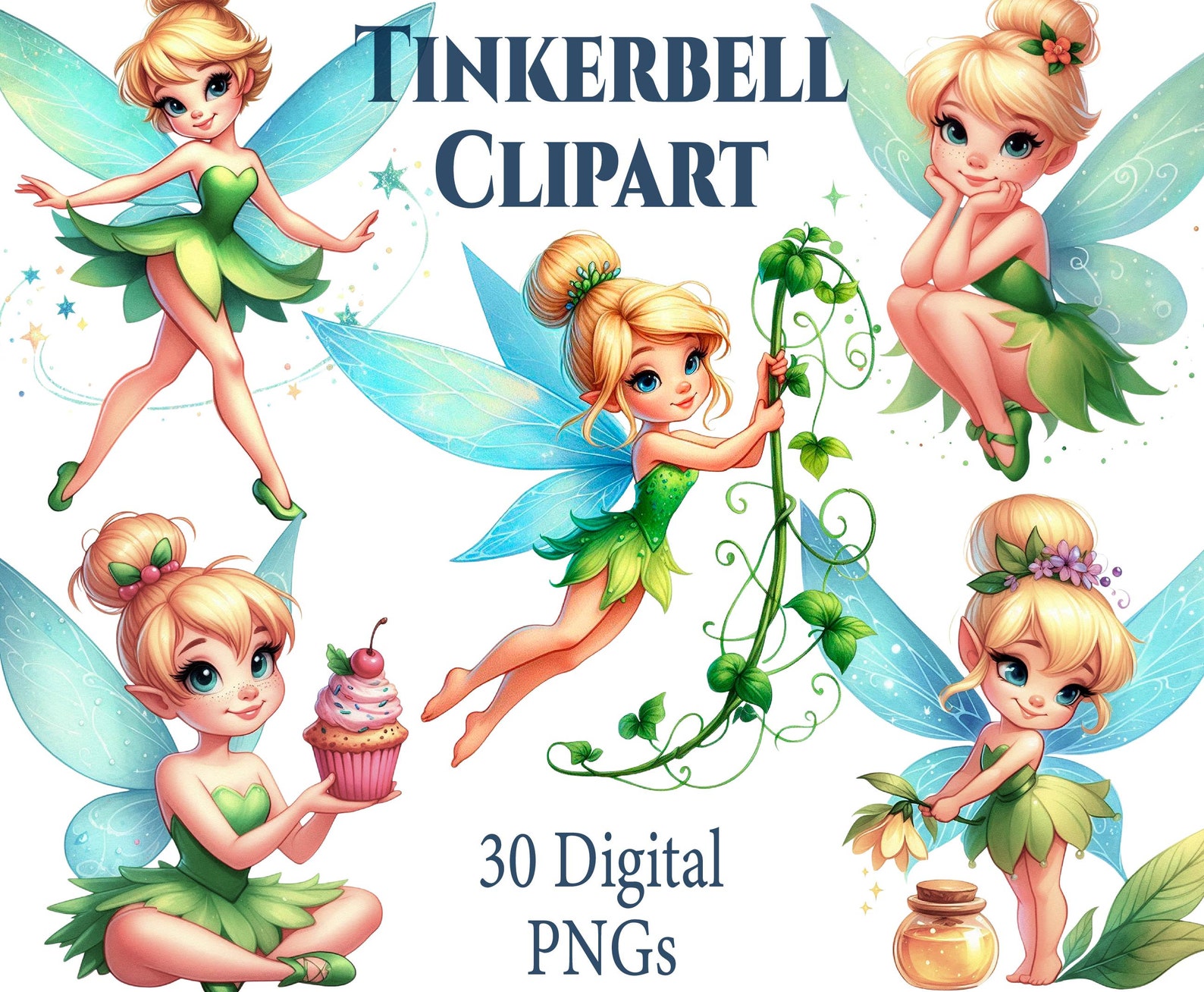 Tinkerbell Spring Fair Tinkerbell Clipart Set: 30 PNG Fairies, Transparent Backgrounds ...