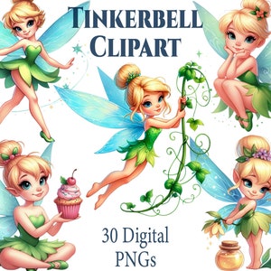 Conjunto de imágenes prediseñadas de Campanilla PNG, imágenes prediseñadas de hadas de Campanilla, descarga instantánea, fondos transparentes, dibujos animados, conjunto de Campanilla