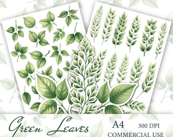 Green Leaf Fussy Cut , Green Leaf Cut-Out Sheets: Botanical Scrapbooking, Journaling (A4 Printable, 300 DPI), green leaf art
