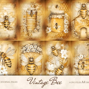 Pages de journal indésirables inspirées des abeilles - kit de scrapbooking imprimable vintage, téléchargement numérique, papier éphémère nature, feuilles de journal d'art rustique