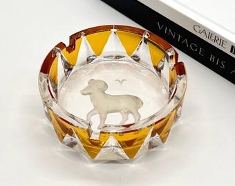 Cenicero de cristal vintage • cuenco • signo zodiacal Aries • Bohemia • tipo de cristal • diseño de cristal • arte en cristal • cristal tallado • decoración de cristal