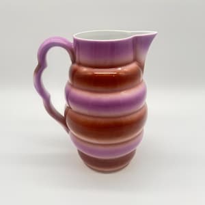 Antik Leuchtenburg kakaokruka • Miranda • Spritzdekor • Keramik • Kruka • Bauhaus • Signerad • 1940-tal • Spritzkonst • Lila och brunrandig