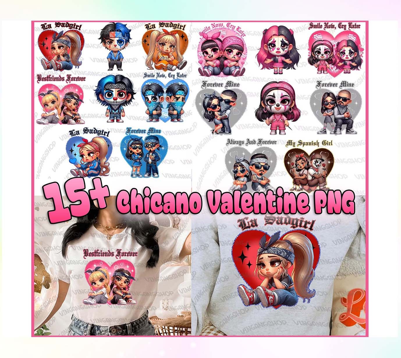 10 Chicano Valentine Chola Couple Png Bundle, Pink Chicana Valentine