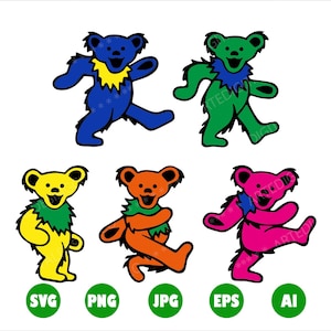 May include: Five colorful cartoon bear illustrations. Each bear is wearing a different colored fur and a matching colored bandana. The bears are in various poses, with one bear standing on its hind legs and the others in a walking pose.