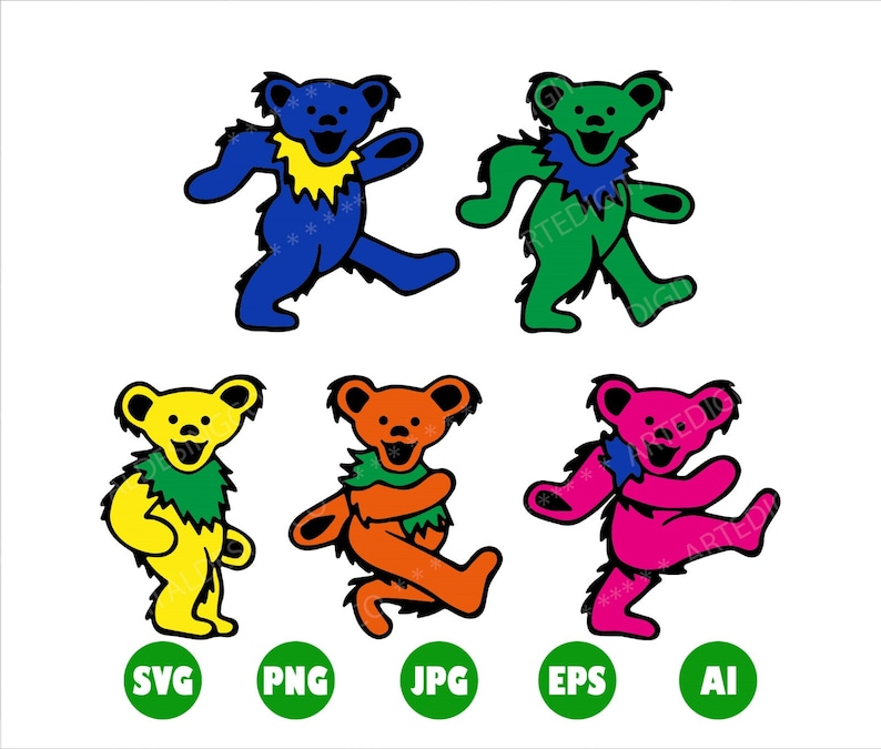 May include: Five colorful cartoon bear illustrations. Each bear is wearing a different colored fur and a matching colored bandana. The bears are in various poses, with one bear standing on its hind legs and the others in a walking pose.