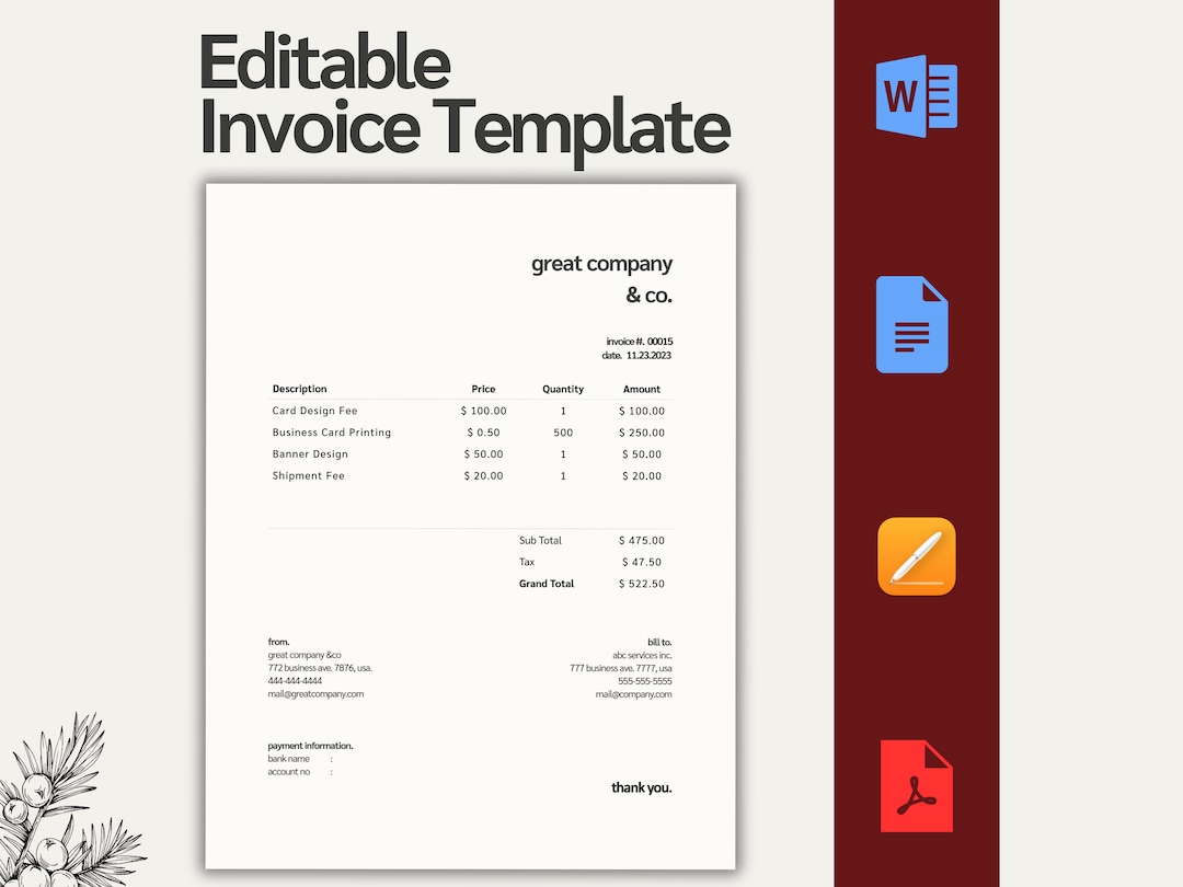 Invoice Template, PDF, Word, Excel, Docs, Invoice Template for Small