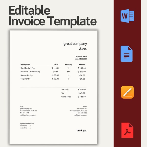 Invoice Template, PDF, Word, Excel, Docs, Invoice Template for Small Business, Small Business Bookkeeping, Business Plan, Editable Invoice