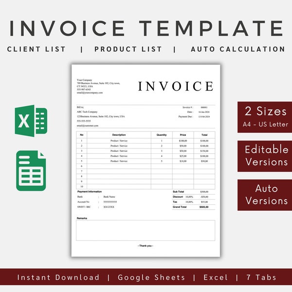 Invoice Template for Excel and Google Sheets, Excel Spreadsheet, Client Tracker, Excel Template, Invoice Template for Small Business
