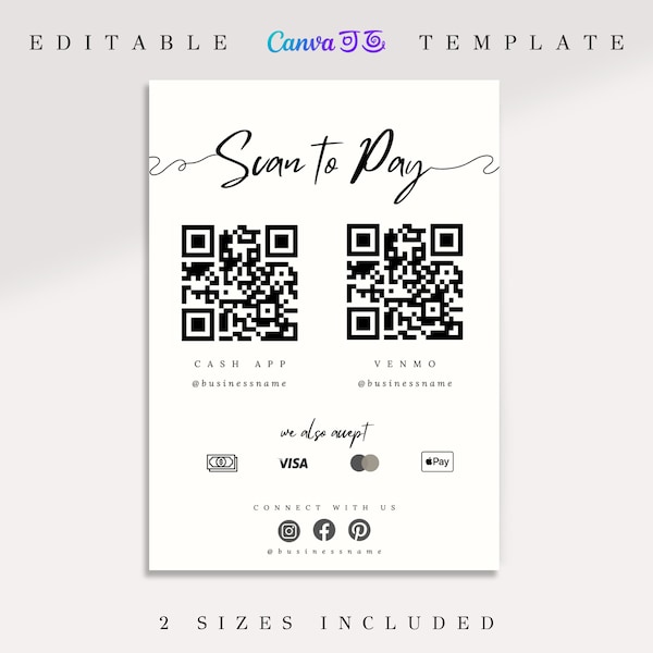 Editable Scan to Pay QR Code Sign for Canva, Custom Business Sign, Scan to Pay Sign, Payment Sign, Digital Download, Canva Template, QR Code