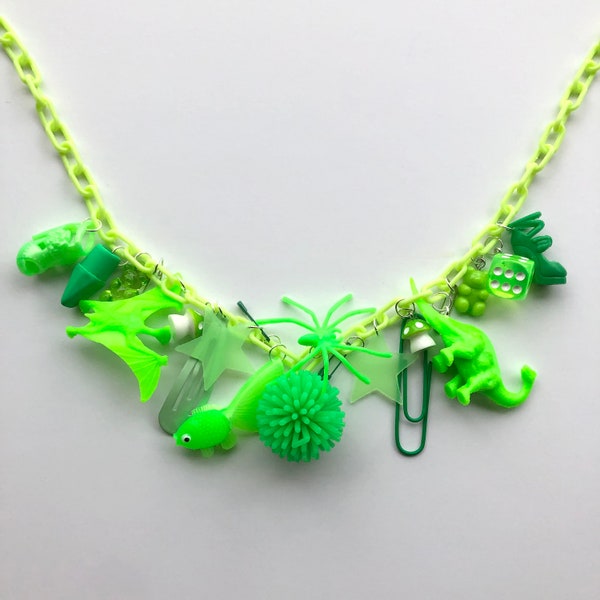 Clutter Necklace, Upcycled Arcade Toys, Maximalist Aesthetic, Nostalgic Jewelry, Festival Rave Fashion, 90s Kidcore, Neon Green, Halloween