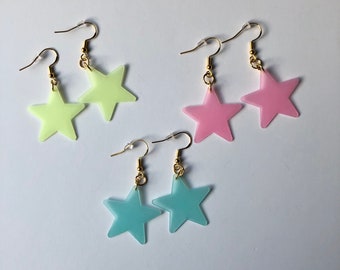 Glow in the Dark Star Earrings, Upcycled Star Decor, Kidcore, Star Jewelry, Unique Earrings