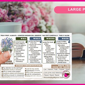 May include: A printable card with tips for reading the Bible. The card is divided into sections with headings like "Who", "What", "Where", and "When". It also includes a section for "Other Observations" and "Note the Type of Book". The card is designed to help readers understand the context and meaning of the Bible.