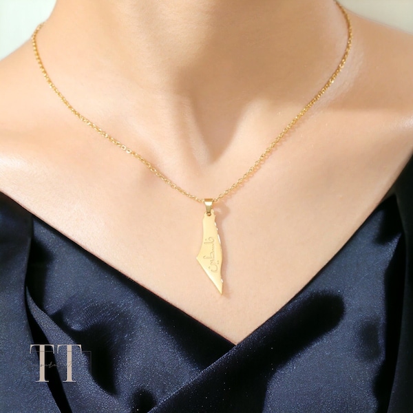 18k Gold Palestine Pendant Map Necklace, Country Arabic Calligraphy, Women or Men Necklace, Unisex Chain Charm, Gold Stainless Steel