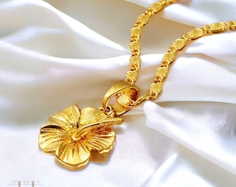 Collier Pulmeria, pendentif collier hawaïen doré, collier Aloha, pendentif collier Hibiscus, frangipanier tropical