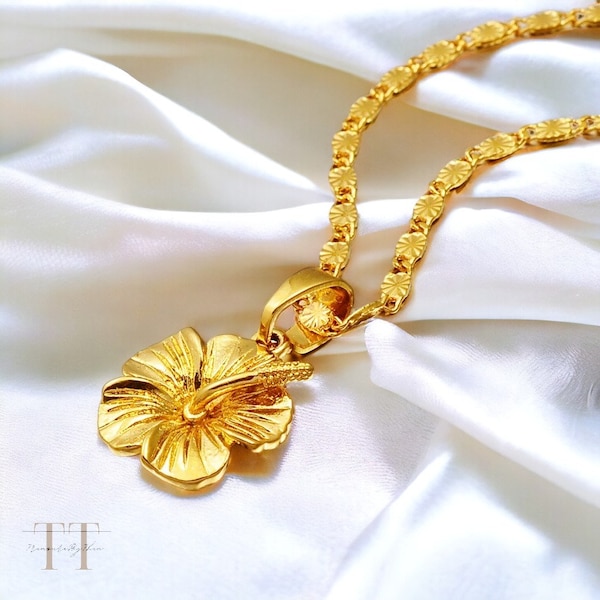 Pulmeria Necklace, Gold Hawaiian Necklace Pendant, Aloha Necklace, Hibiscus Necklace Pendant, Tropical Frangipani