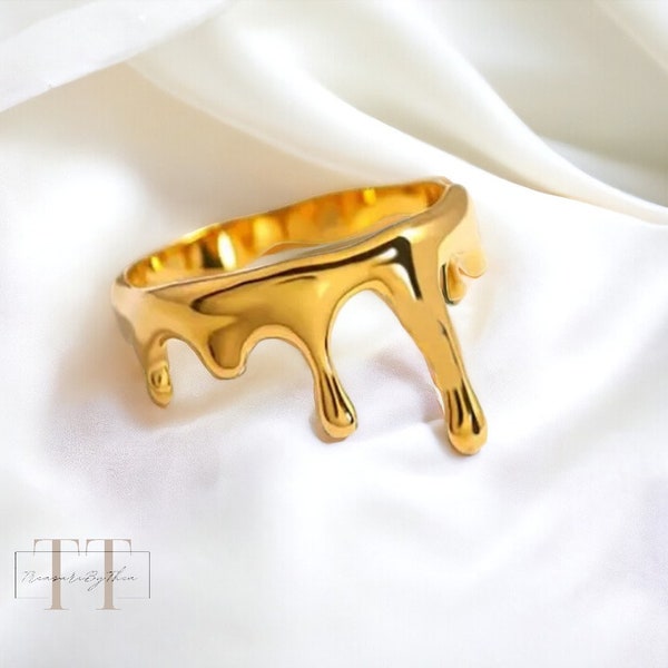 Gold Dripping Ring, Small Dripping Ring, Statement Ring, Irregular Unique Jewellery, Waterproof Gold Drip Ring