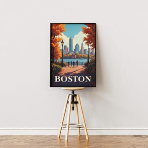 Boston Vintage Art Print, gerolltes Poster Wanddekoration, Herbst Skyline, Haus Büro Wandkunst, Geschenk für Boston Lovers, Reisedeko