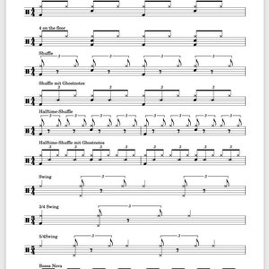 Puede incluir: Una partitura musical con el título "Groove Sammlung" de Aaron Hermann. La partitura incluye diferentes grooves de batería, incluyendo pop/rock estándar, 4 en el piso, shuffle, shuffle con notas fantasma, shuffle a mitad de tiempo, shuffle a mitad de tiempo con notas fantasma, swing, swing 3/4, swing 5/4 y bossa nova.