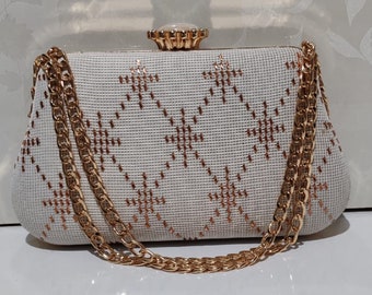 Women's Cocktail Handbag Silver Handle Bag, Black Case With Pearls Cream Nubuck Suede Coating Bag, Antique Copper Wire Embroidered