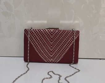 Wire-Breaking Bag, Antique Silver Harmony Wire Embroidered Burgundy Suede Fabric Bag, Evening Bag Made With Traditional Wire Breaking Art