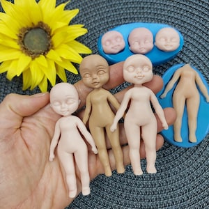 Set siliconen mallen Pop 1 lichaam en 3 gezichten maat 9,2х4,2 cm/3,6х1,6 inch voor klei-chocoladefondant mastiek Poppenvorm Mal beker decoreren