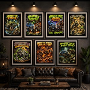 Puede incluir: Siete pósteres enmarcados con ilustraciones de camiones monstruo con títulos como Monster Power, Haunted Garage, Monster Truck Mayhem, Monster Truck Rally, Graveyard Monster Mayhem, Monster Truck Volcano Fury y Monster Truck Swamp Mode.