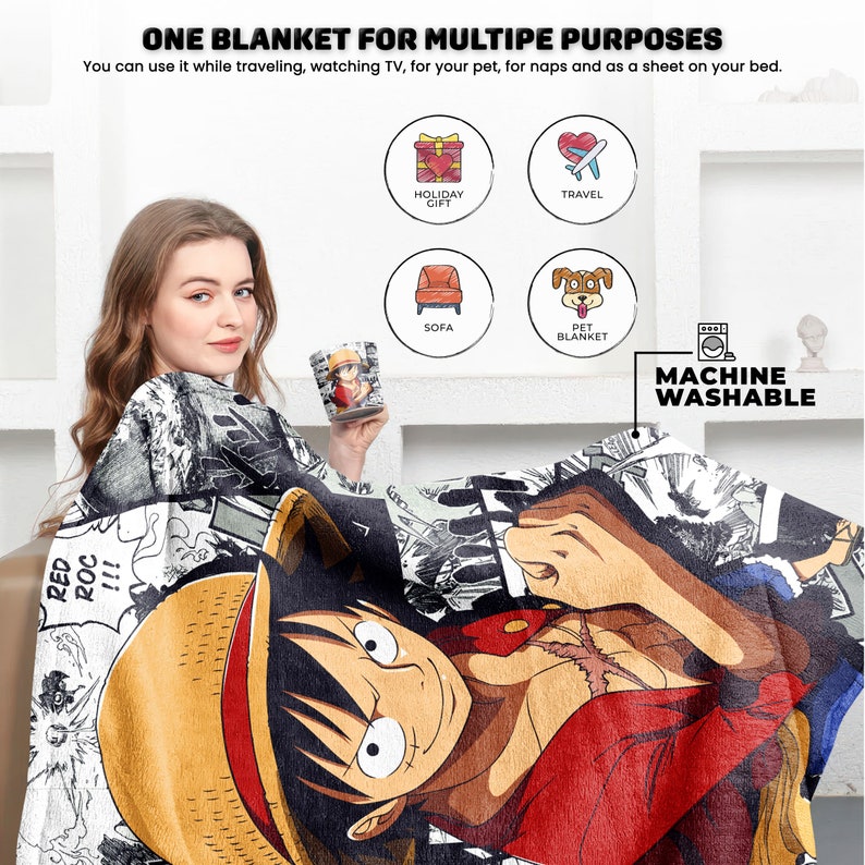 Monkey D. Luffy Comic Blanket, One Piece Straw Head Anime Sherpa Blanket, Anime Lover Bed