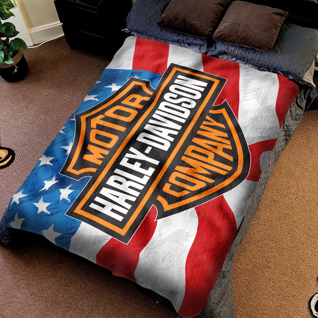 Harley Davidson With American Flag Blanket Harley Davidson Etsy UK