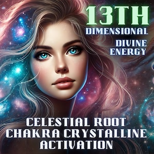 Könnte beinhalten: Eine digitale Illustration einer Frau mit langen, fließenden Haaren, umgeben von einer Galaxie aus Sternen und Planeten. Der Text "13TH DIMENSIONAL DIVINE ENERGY CELESTIAL ROOT CHAKRA CRYSTALLINE ACTIVATION" wird in fetten weißen Buchstaben angezeigt.