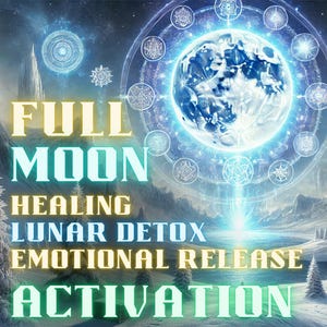 May include: Digital art depicting a celestial scene with a glowing blue planet encircled by astrological symbols. Text overlay reads "Full Moon Healing, Lunar Detox, Emotional Release, Activation" in yellow, teal, and green. Snowy landscape with pine trees.