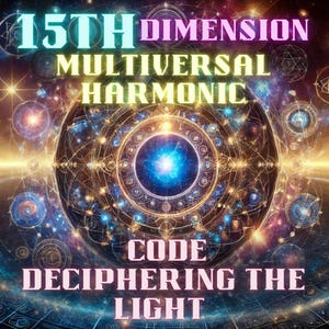 May include: A colorful, abstract image with a central circle surrounded by geometric patterns. The text "15TH DIMENSION MULTIVERSAL HARMONIC CODE DECIPHERING THE LIGHT" is written in pink, yellow, and blue.