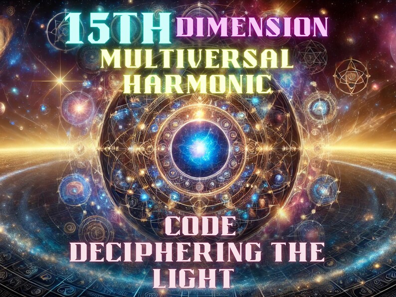 K&ouml;nnte beinhalten: Ein farbenfrohes, abstraktes Bild mit einem zentralen Kreis, der von geometrischen Mustern umgeben ist. Der Text "15TH DIMENSION MULTIVERSAL HARMONIC CODE DECIPHERING THE LIGHT" ist in Pink, Gelb und Blau geschrieben.
