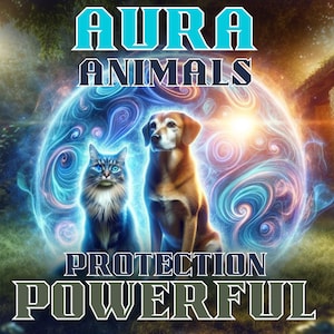 Może przedstawiać: Kot i pies stoją przed wirującą niebiesko-fioletową aurą. Pod nimi znajduje się tekst "AURA ANIMALS PROTECTION POWERFUL".