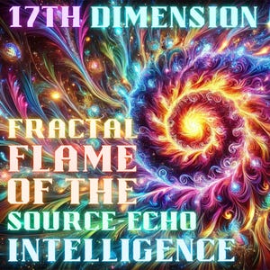 May include: A vibrant digital art piece with swirling patterns in shades of blue, purple, orange, and yellow. The text "17th Dimension" and "Fractal Flame of the Source Echo Intelligence" are displayed in a glowing font, creating a cosmic and psychedelic effect.