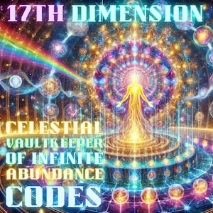 May include: A vibrant digital art piece with the text "17th Dimension" and "Celestial Vaultkeeper of Infinite Abundance Codes." The image features a radiant figure at the center, surrounded by colorful orbs, rainbows, and intricate geometric patterns.