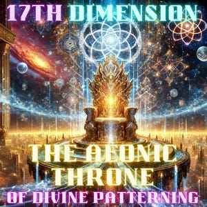 Puede incluir: Obra de arte digital que representa un trono dorado en un entorno cósmico. El texto "17th Dimension" y "The Aeonic Throne of Divine Patterning" se muestran. La imagen presenta elementos cósmicos y estructuras arquitectónicas.