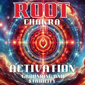 Puede incluir: Una imagen abstracta roja, naranja y azul con una flor de loto roja en el centro. El texto "ROOT CHAKRA ACTIVATION GROUNDING AND STABILITY" está escrito en letras blancas sobre la imagen.