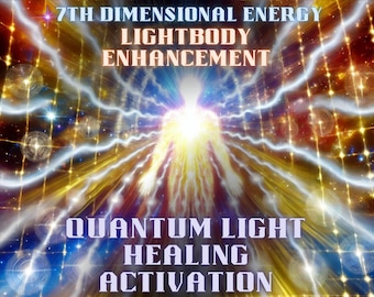 May include: A digital art image of a glowing, white human figure surrounded by a grid of light and stars. The text "7th Dimensional Energy Lightbody Enhancement Quantum Light Healing Activation" is displayed in the image.